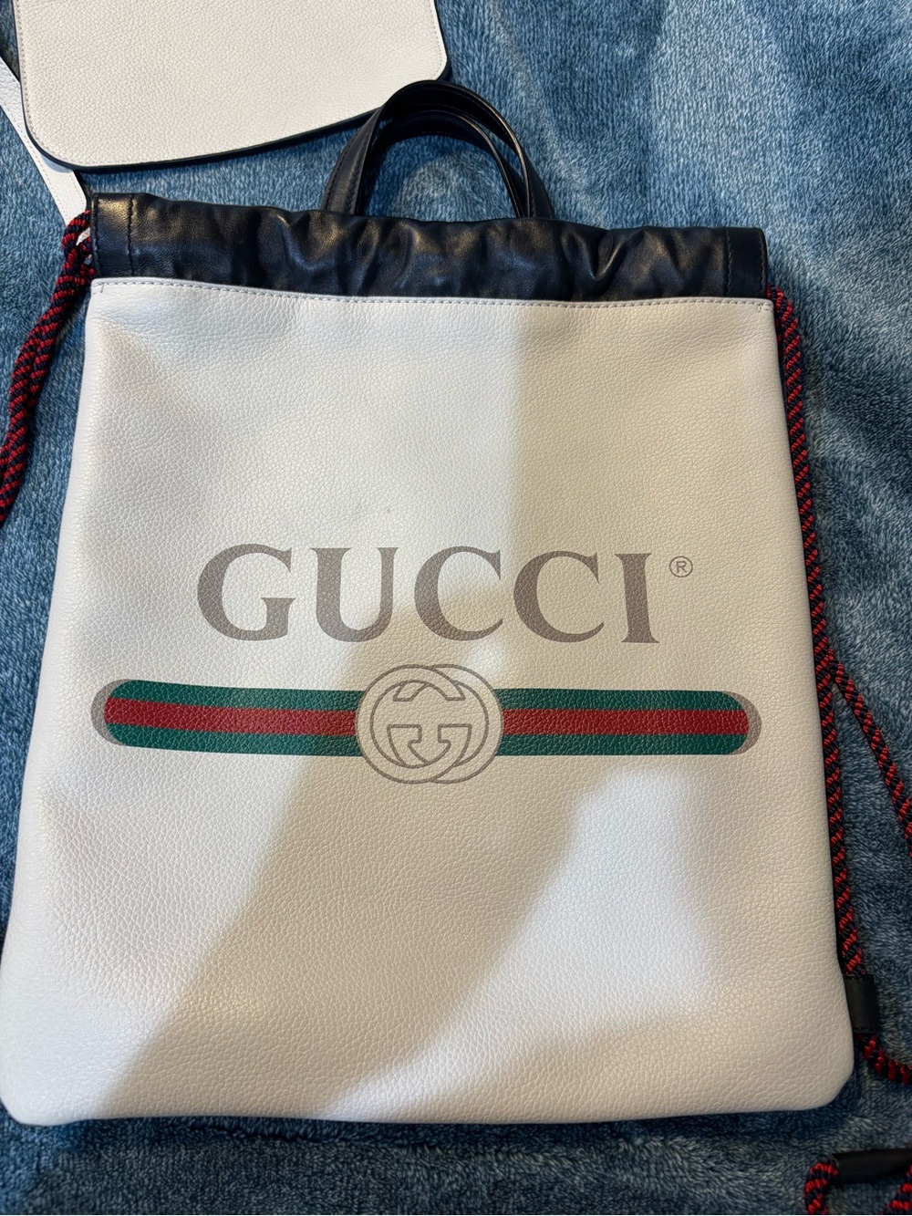 Gucci White Leather Logo Drawstring Backpack with Green-Red Web Stripe